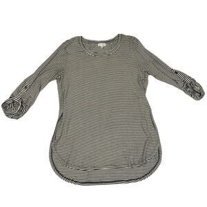 Love Fire Striped Tunic Top Tab Sleeve Black White Womens M Casual Shirt Neutral